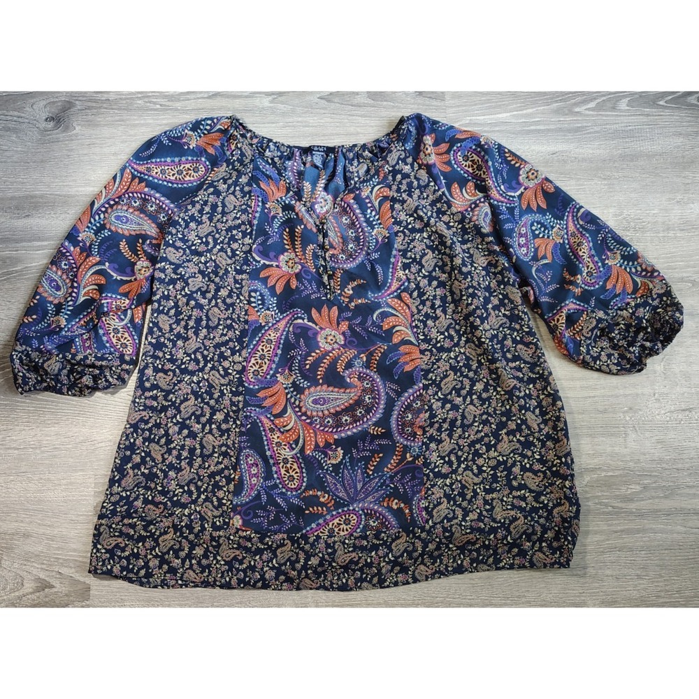 Chaps Womens 2X Blue Paisley V-Neck 3/4 Sleeve Blouse Shank Button Flowy Peasant